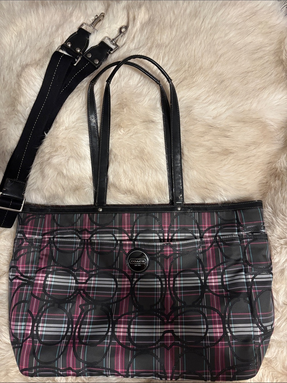 Coach Black and Pink Plaid Signature Tote with Removable Strap